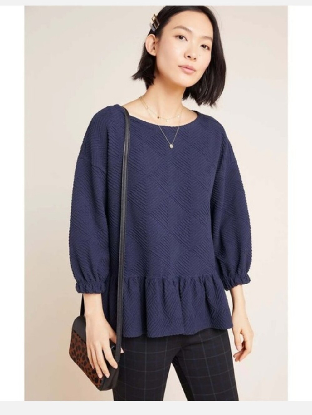 Maeve Mikayla Peplum Top Women's M Puff Sleeve Boho Peasant Nautical Minimalist